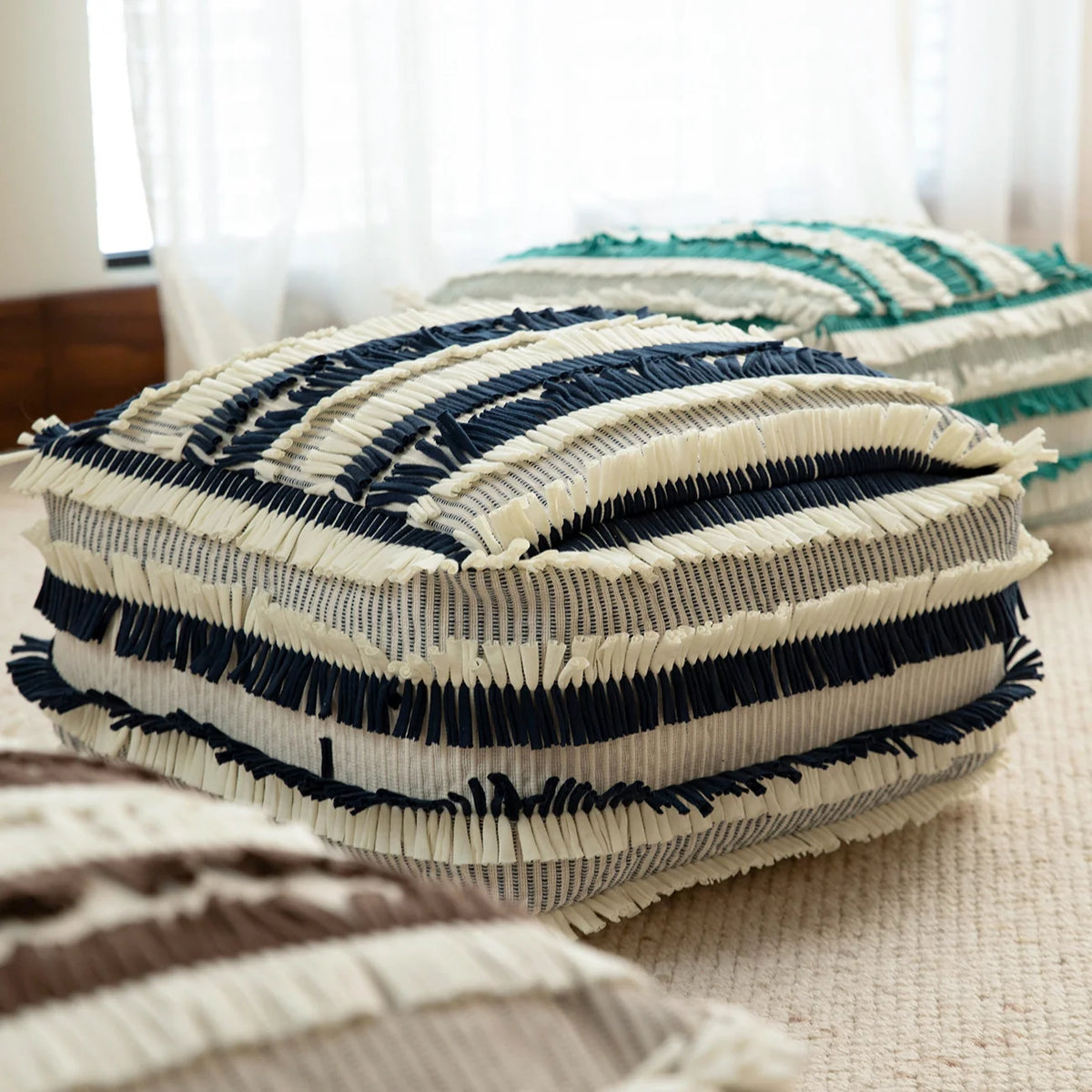 Floor Pouf Fringed Cotton Removable & Washable Cover