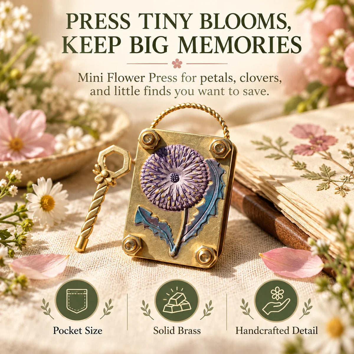 Flower Press Pocket-Size Adjustable Vintage Brass Tone