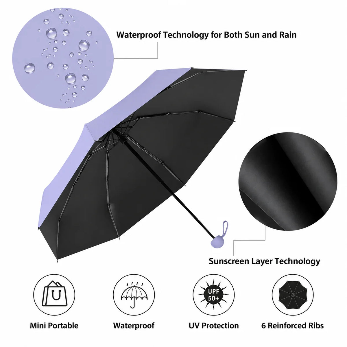 Folding Umbrella Compact UPF 50+ Wind-Resistant