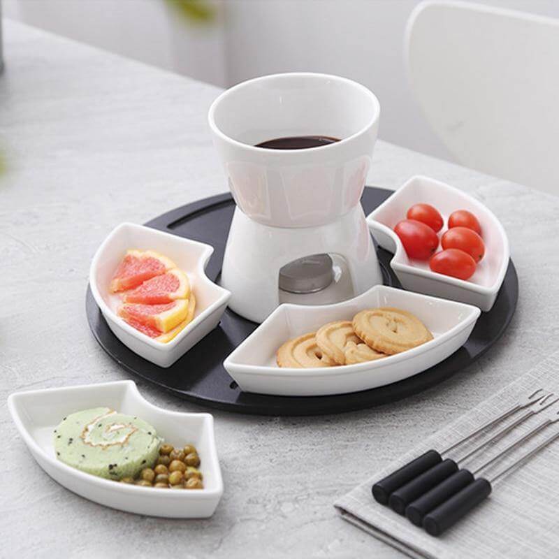 Fondue Pot Ceramic Candle-Heated Dishwasher-Safe Set With Forks & Trays