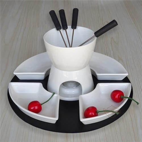 Fondue Pot Ceramic Candle-Heated Dishwasher-Safe Set With Forks & Trays