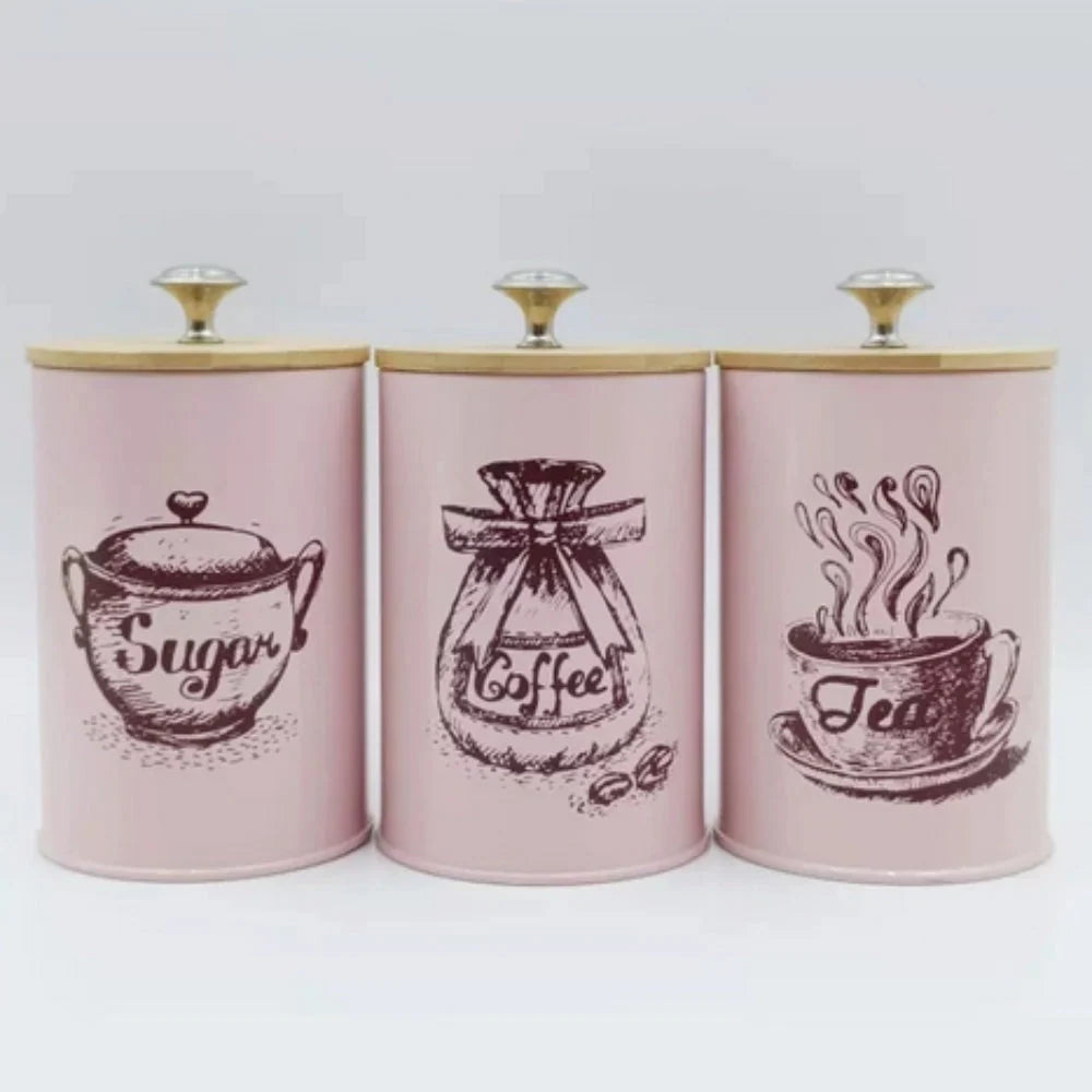 Food Storage Canister Set Iron Bamboo Lids Set of 3