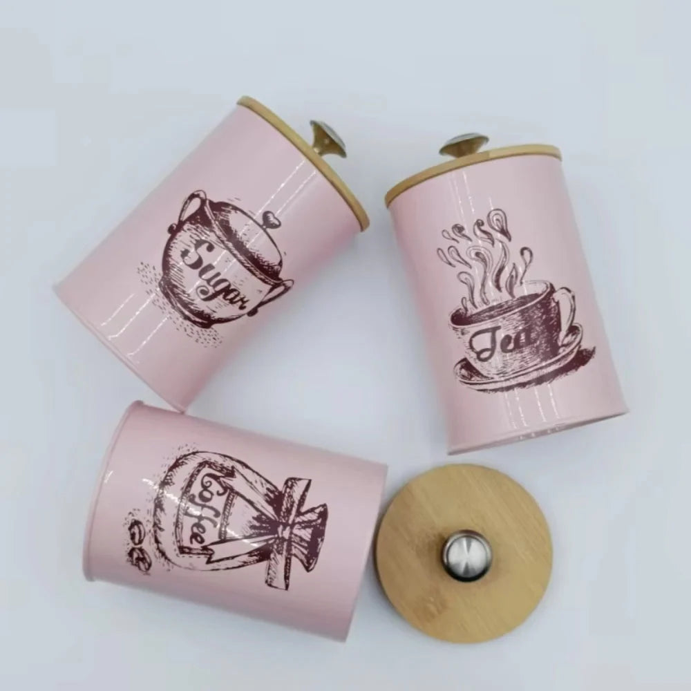 Food Storage Canister Set Iron Bamboo Lids Set of 3