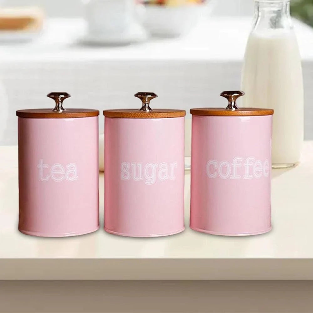 Food Storage Canister Set Iron Bamboo Lids Set of 3