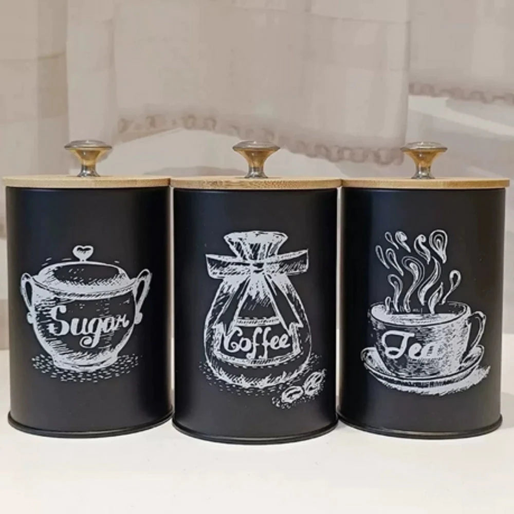 Food Storage Canister Set Iron Bamboo Lids Set of 3