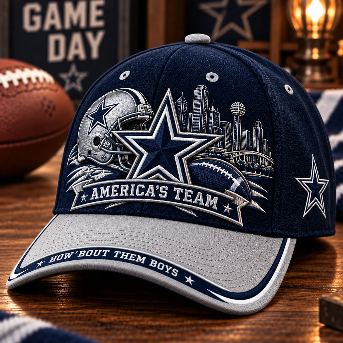 Football Fan Cap Adjustable Strap Star & Skyline Graphic