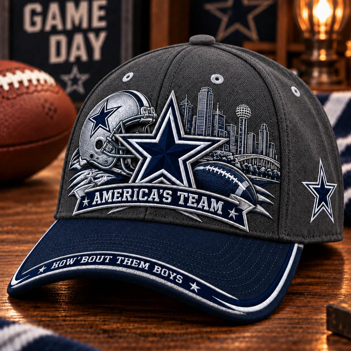 Football Fan Cap Adjustable Strap Star & Skyline Graphic