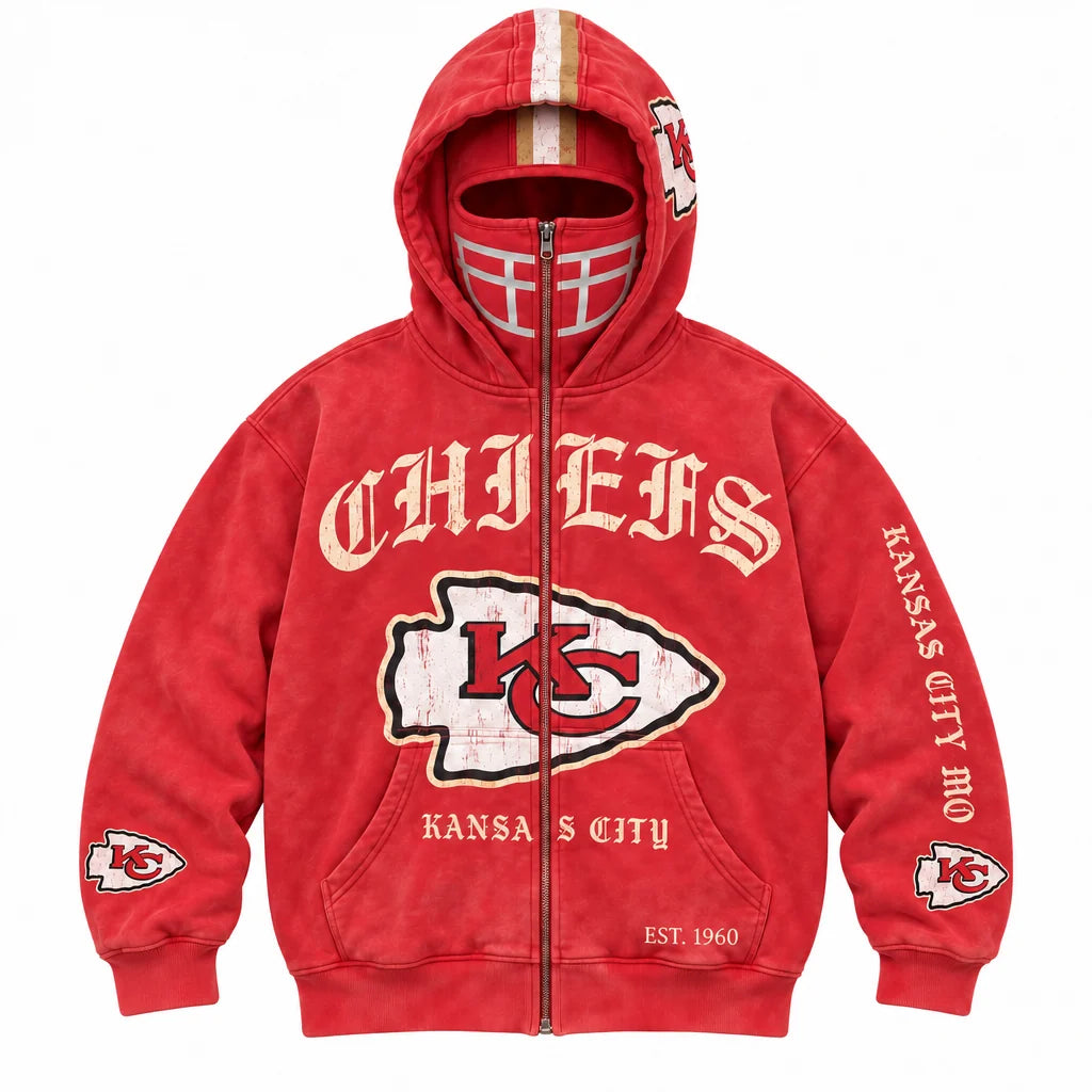 Football Hoodie Full-Zip Balaclava Hood Heavyweight Fleece Oversized Fit