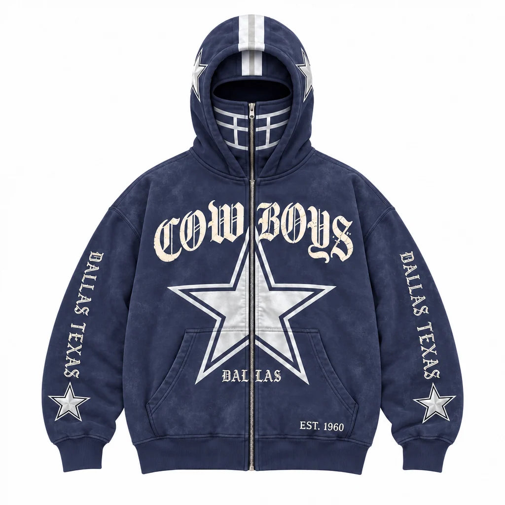 Football Hoodie Full-Zip Balaclava Hood Heavyweight Fleece Oversized Fit