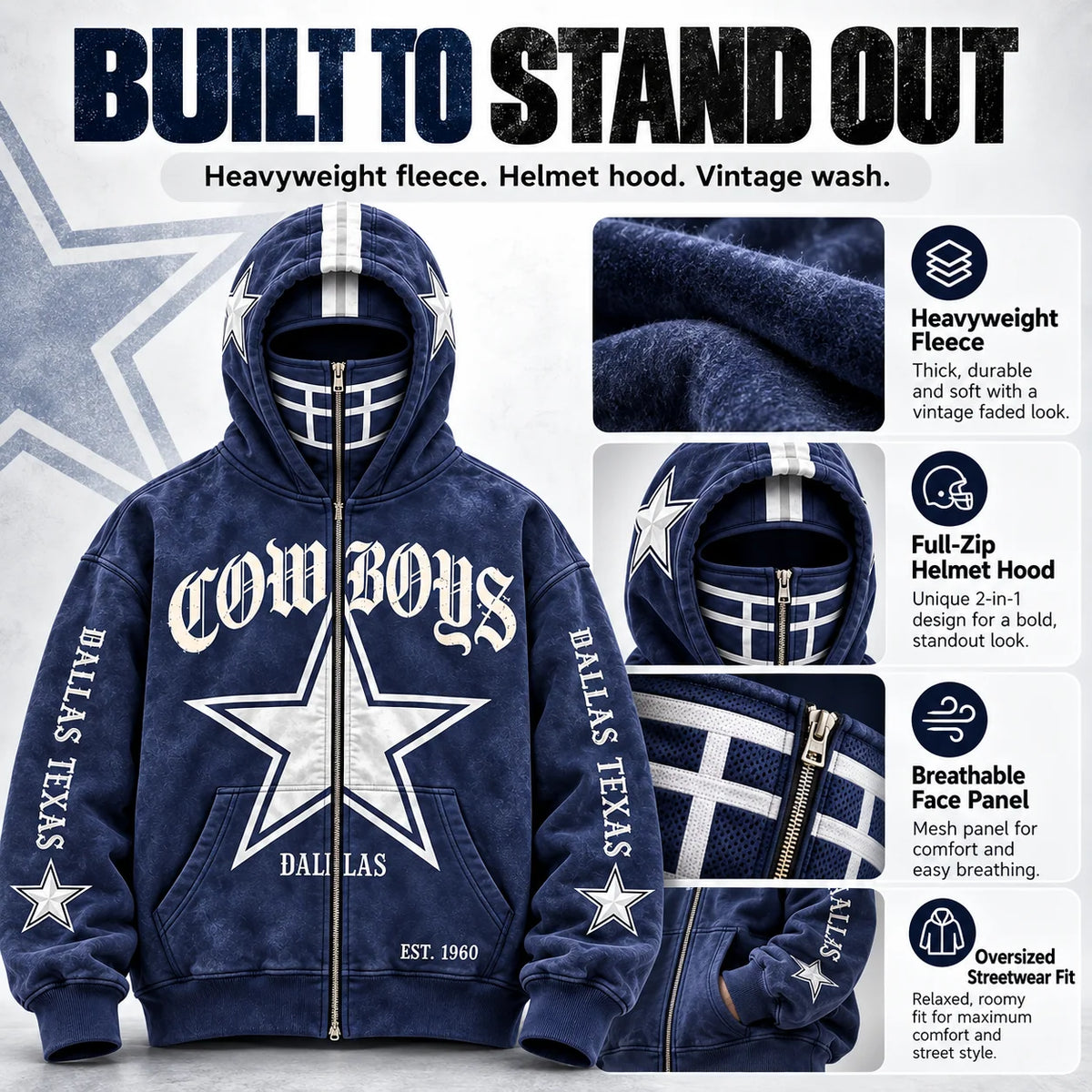 Football Hoodie Full-Zip Balaclava Hood Heavyweight Fleece Oversized Fit