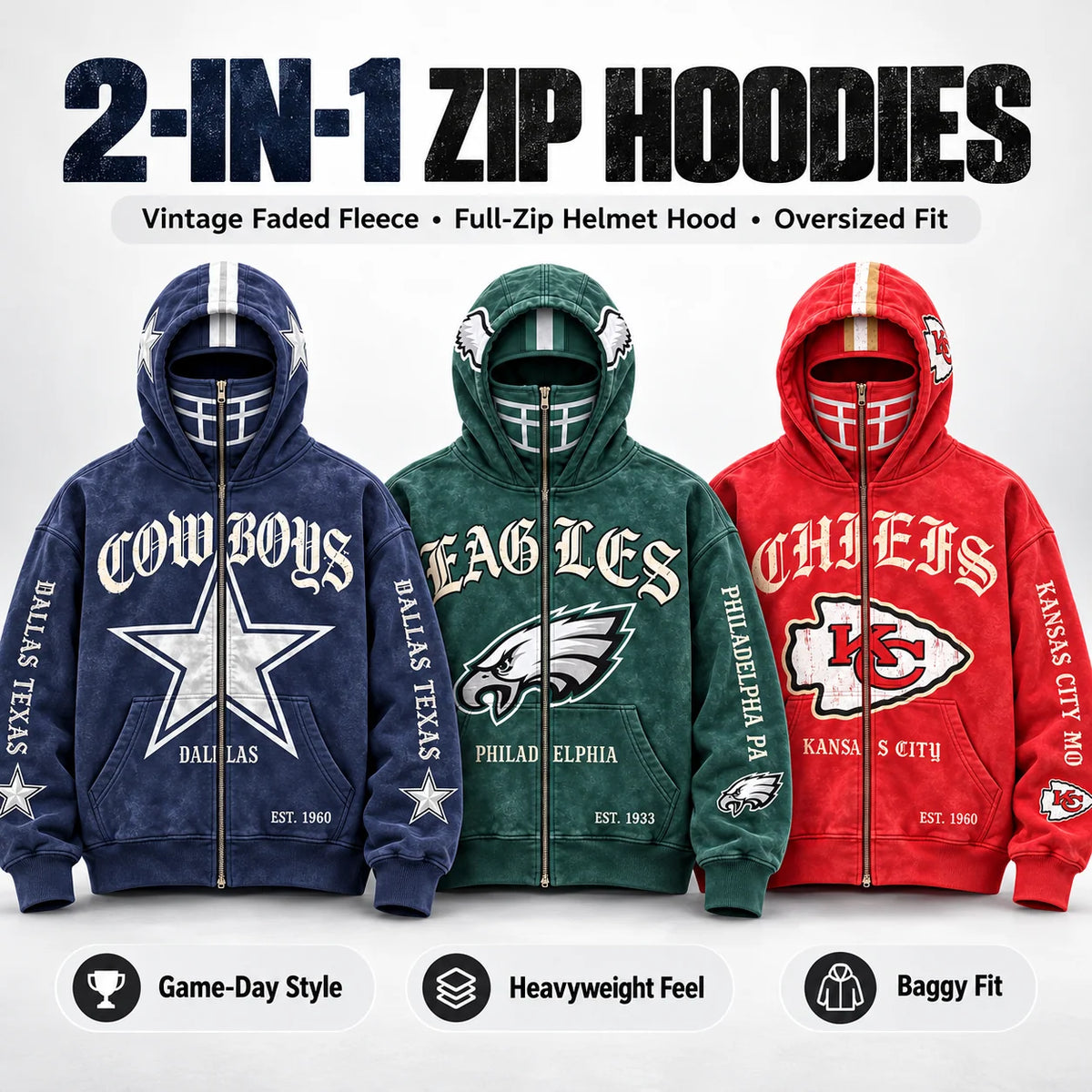 Football Hoodie Full-Zip Balaclava Hood Heavyweight Fleece Oversized Fit