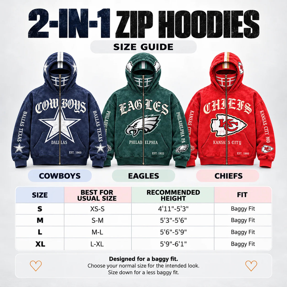 Football Hoodie Full-Zip Balaclava Hood Heavyweight Fleece Oversized Fit