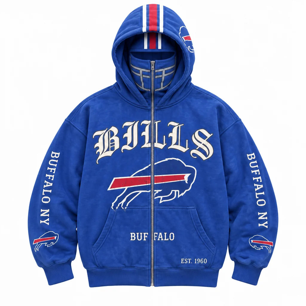 Football Hoodie Full-Zip Balaclava Hood Heavyweight Fleece Oversized Fit
