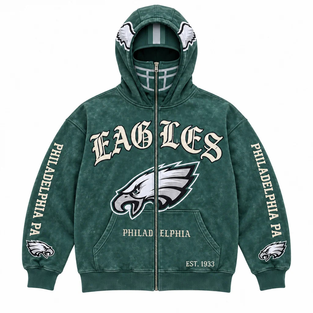 Football Hoodie Full-Zip Balaclava Hood Heavyweight Fleece Oversized Fit