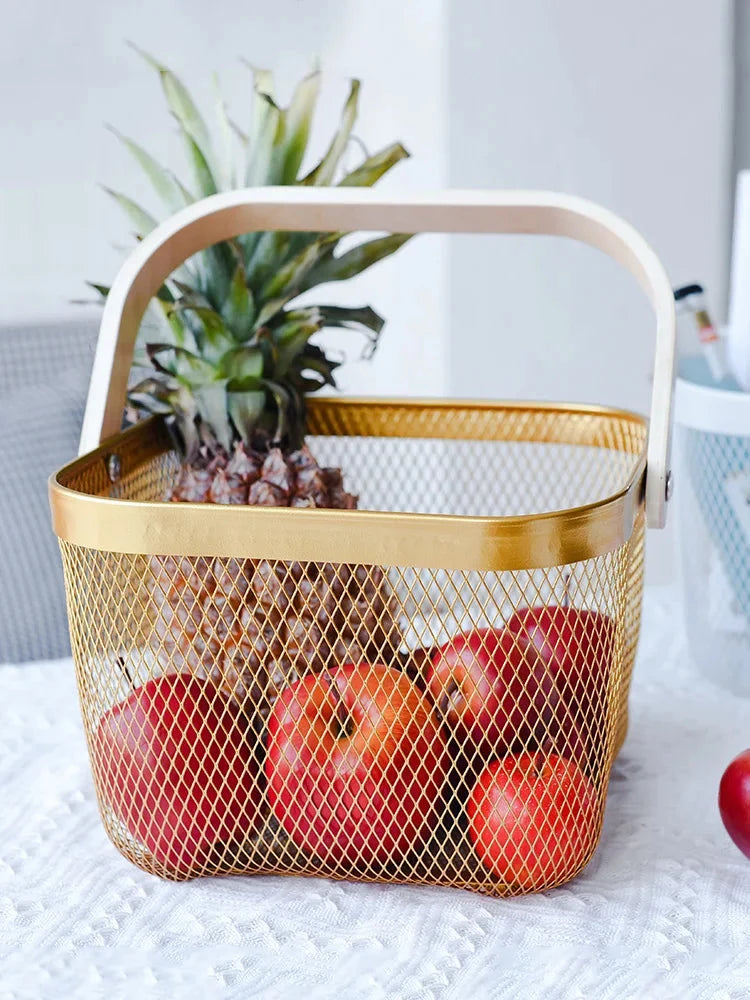 Fruit Basket Stackable Ventilated Iron Mesh Bamboo Handle