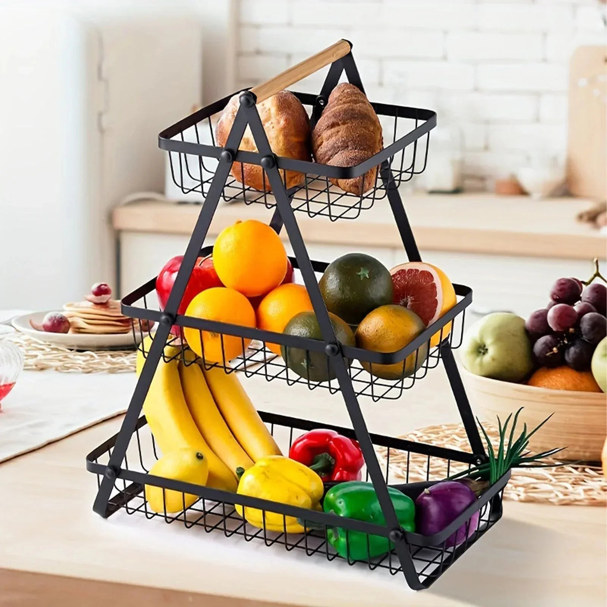 Fruit Basket Stand Carbon Steel Tiered Space-Saving Design
