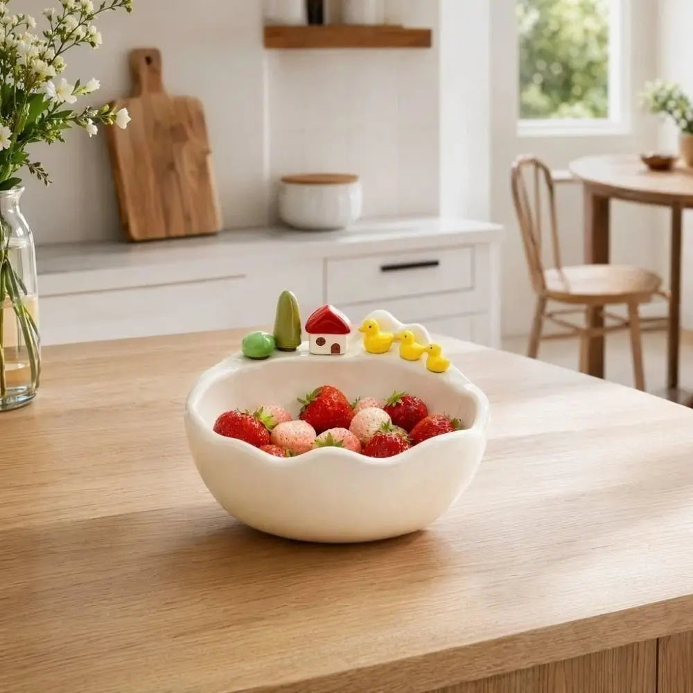 Fruit Bowl Ceramic Duck Design With Stainless Steel Fork
