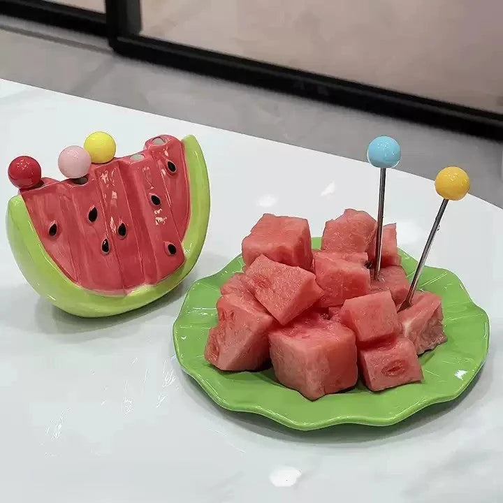 Fruit Fork Set Watermelon Ceramic Base & Stainless Steel