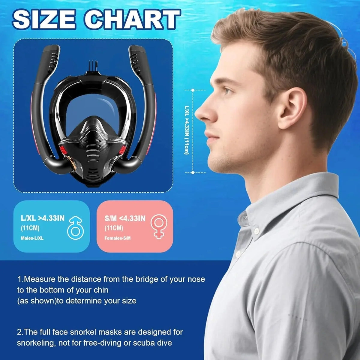 Full-Face Snorkel Mask 180 Degree Panoramic HD Dual-Tube Airflow