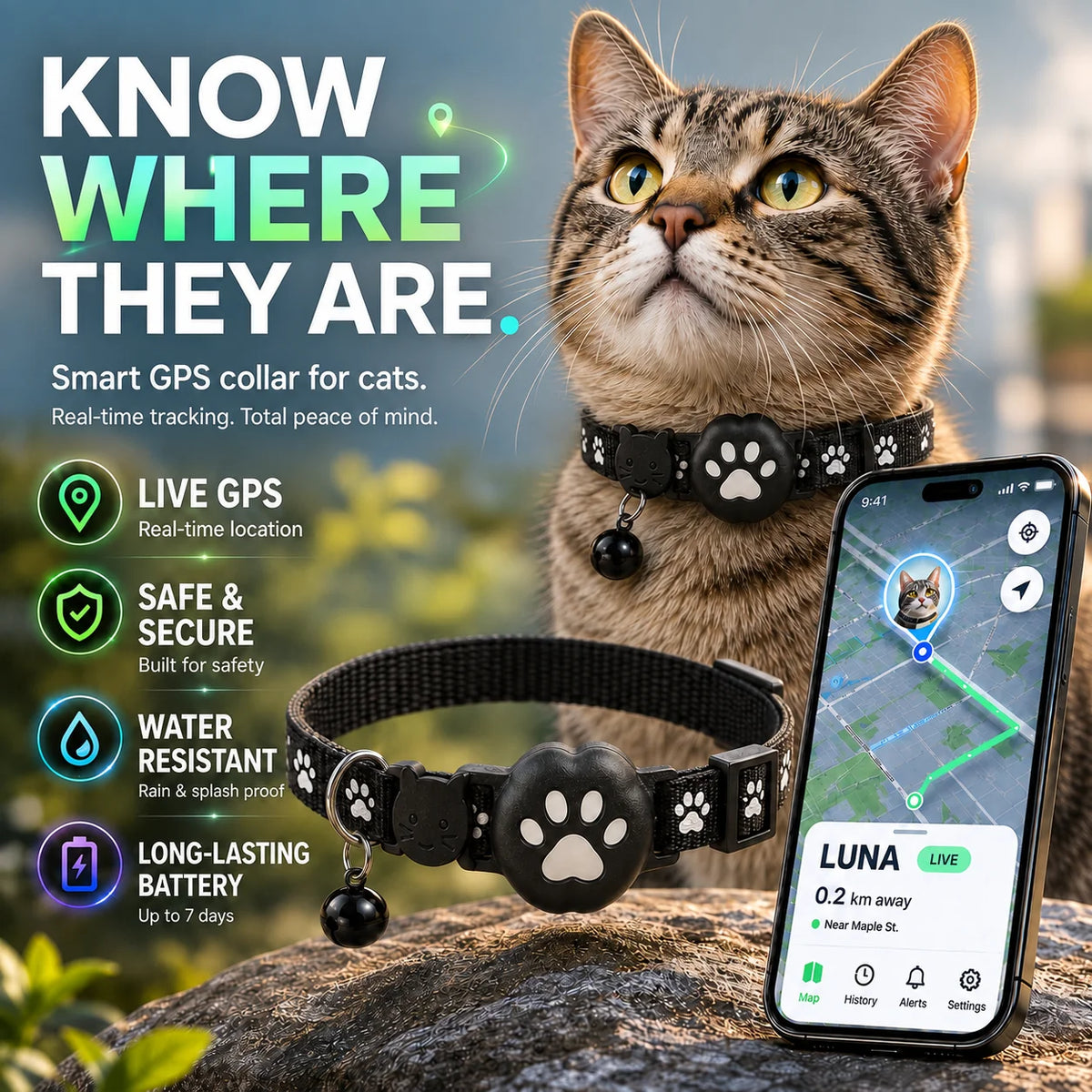 GPS Cat Collar Real-Time Tracking Reflective Water-Resistant Silicone