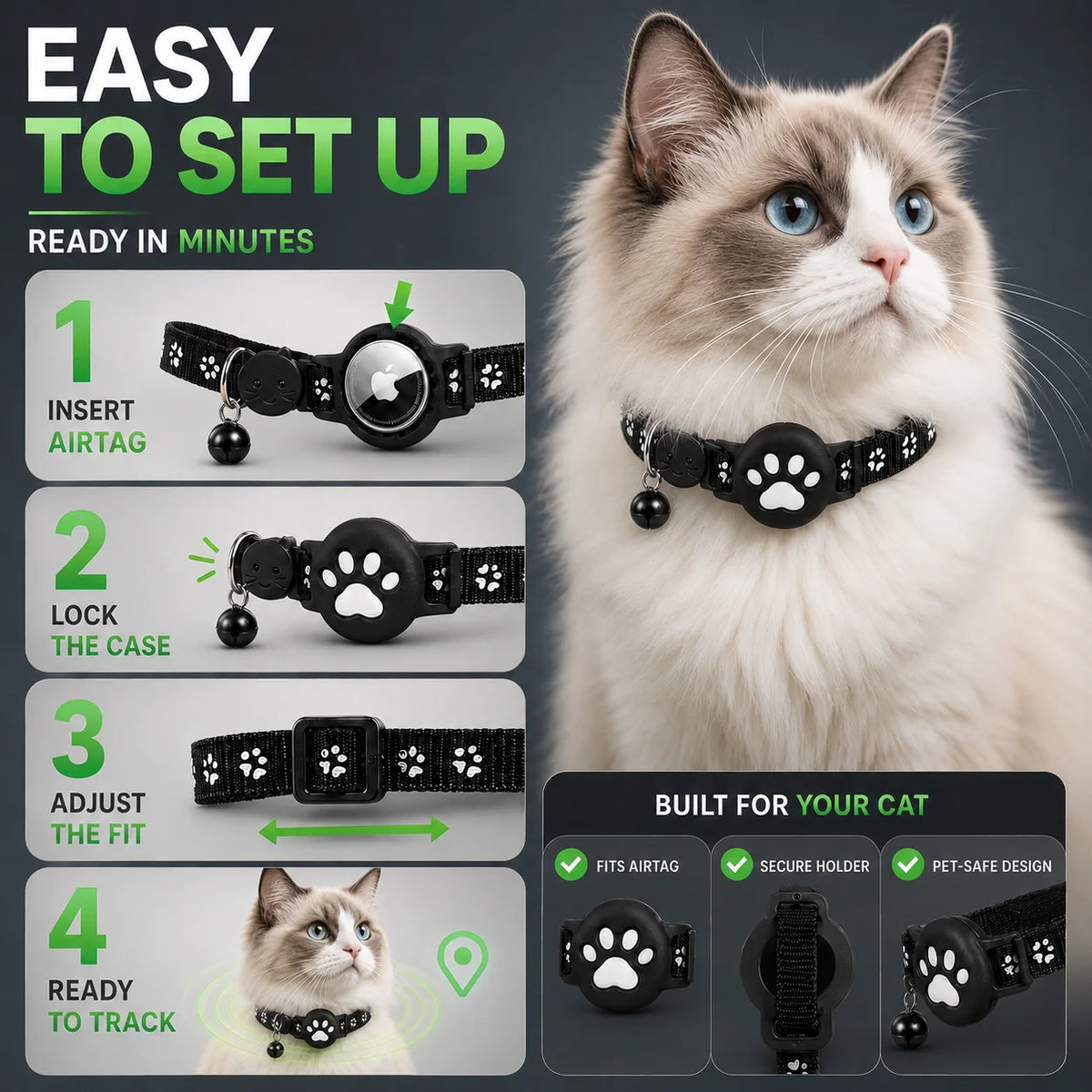 GPS Cat Collar Real-Time Tracking Reflective Water-Resistant Silicone