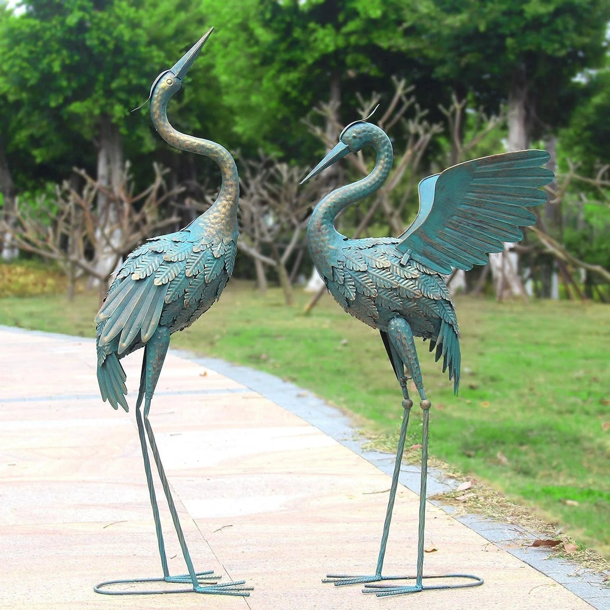 Garden Crane Statue Weather-Resistant Metal Set of 2