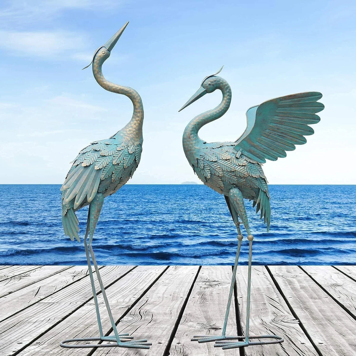Garden Crane Statue Weather-Resistant Metal Set of 2