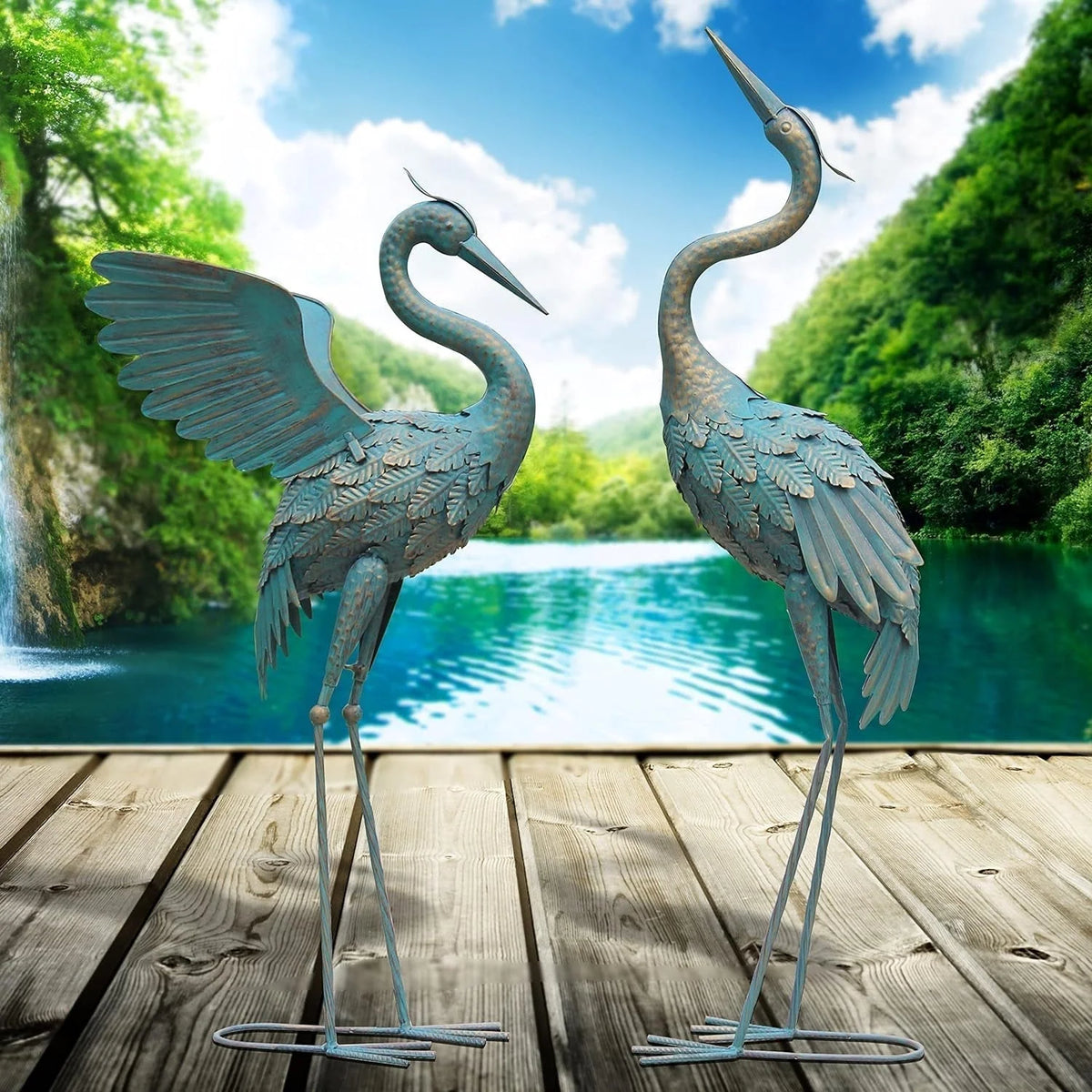 Garden Crane Statue Weather-Resistant Metal Set of 2
