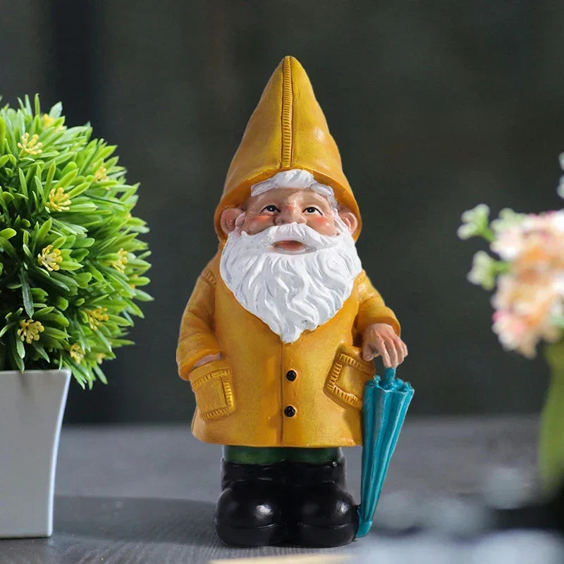 Garden Gnome Statue Resin Weatherproof Yellow Umbrella Design