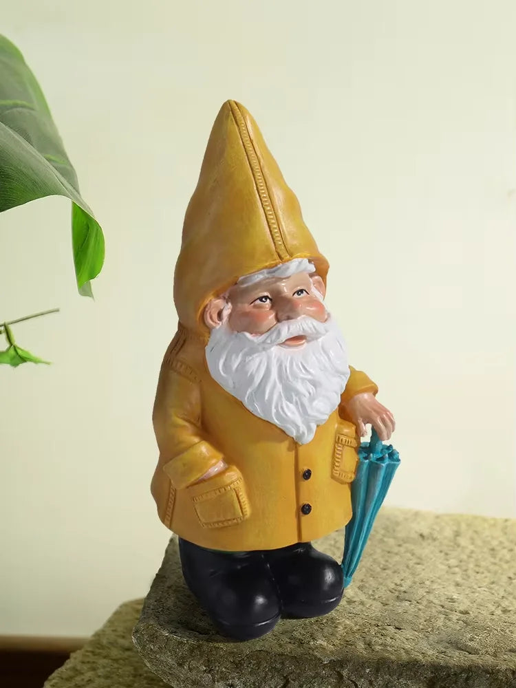 Garden Gnome Statue Resin Weatherproof Yellow Umbrella Design