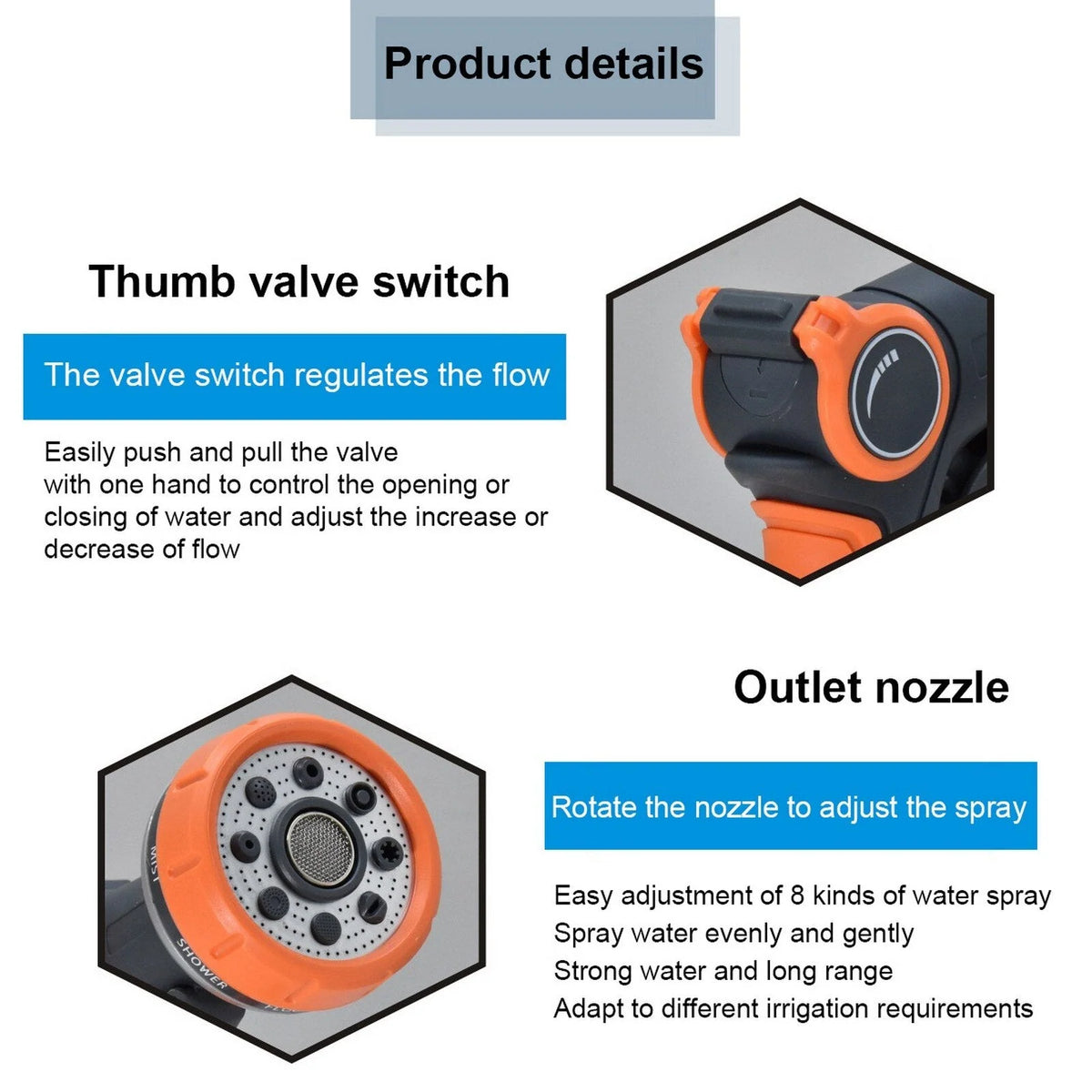Garden Hose Nozzle 8-Mode Thumb Valve & Non-Slip Handle