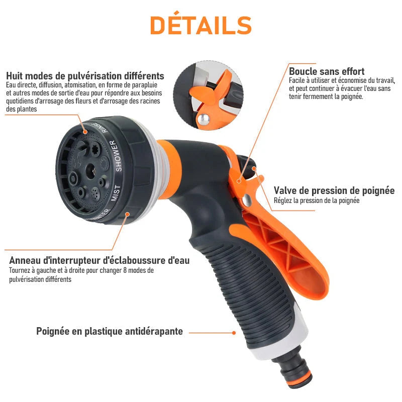 Garden Hose Nozzle 8 Spray Settings Water-Saving Ergonomic Grip
