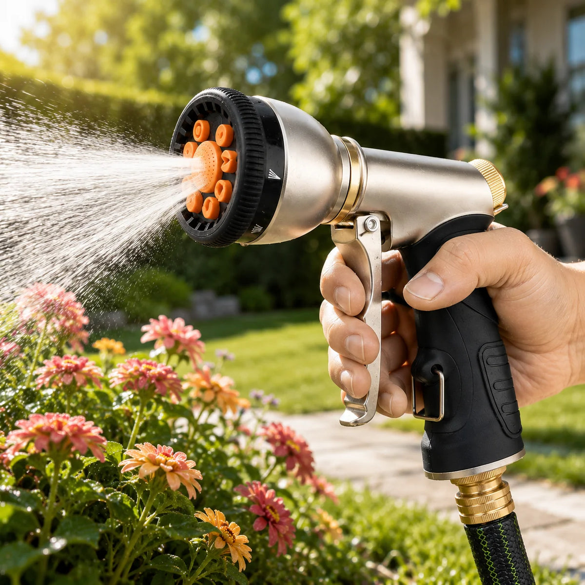 Garden Hose Nozzle Metal 9 Spray Patterns Trigger Lock