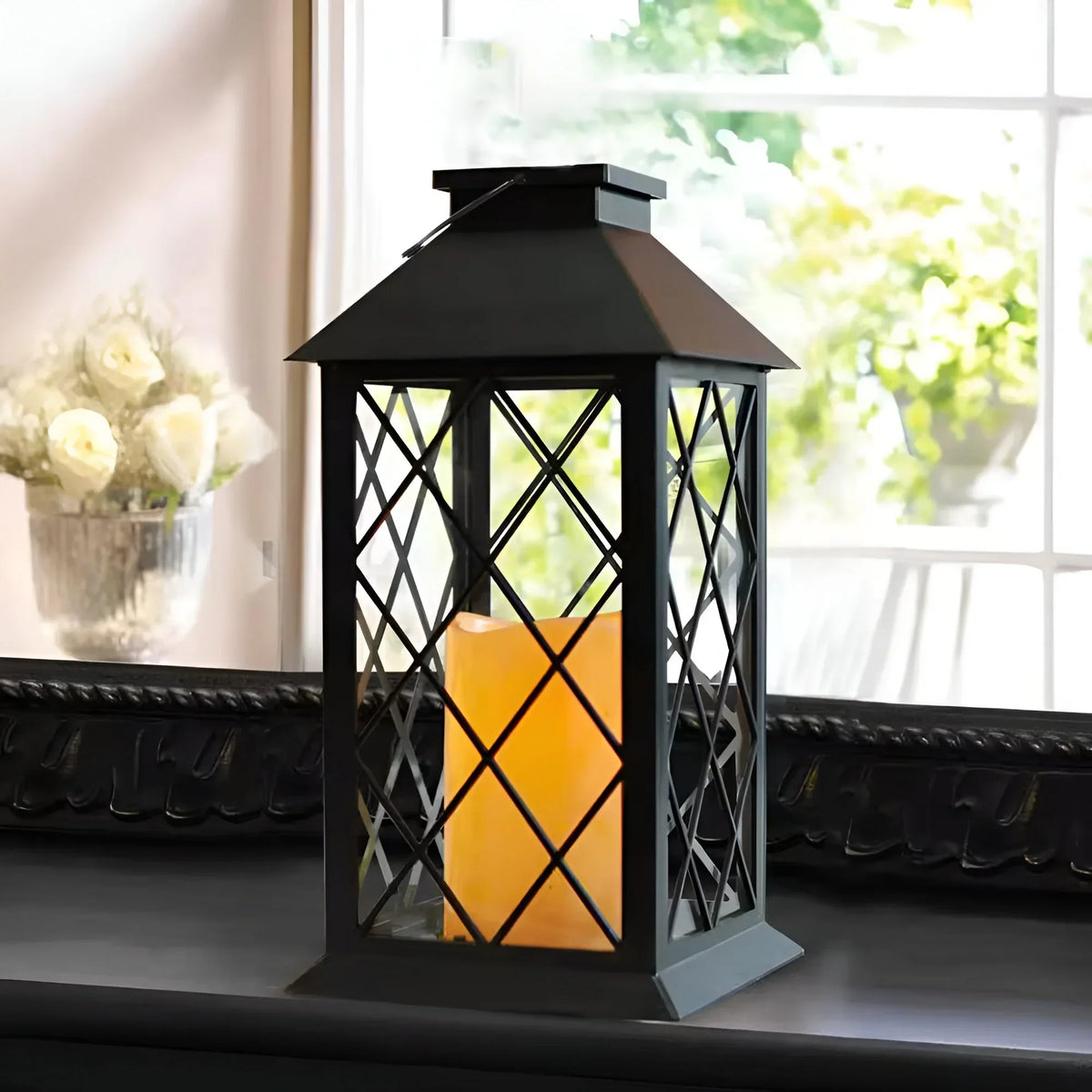 Garden Lantern Solar Powered Vintage Iron & Glass Automatic Dusk Lighting