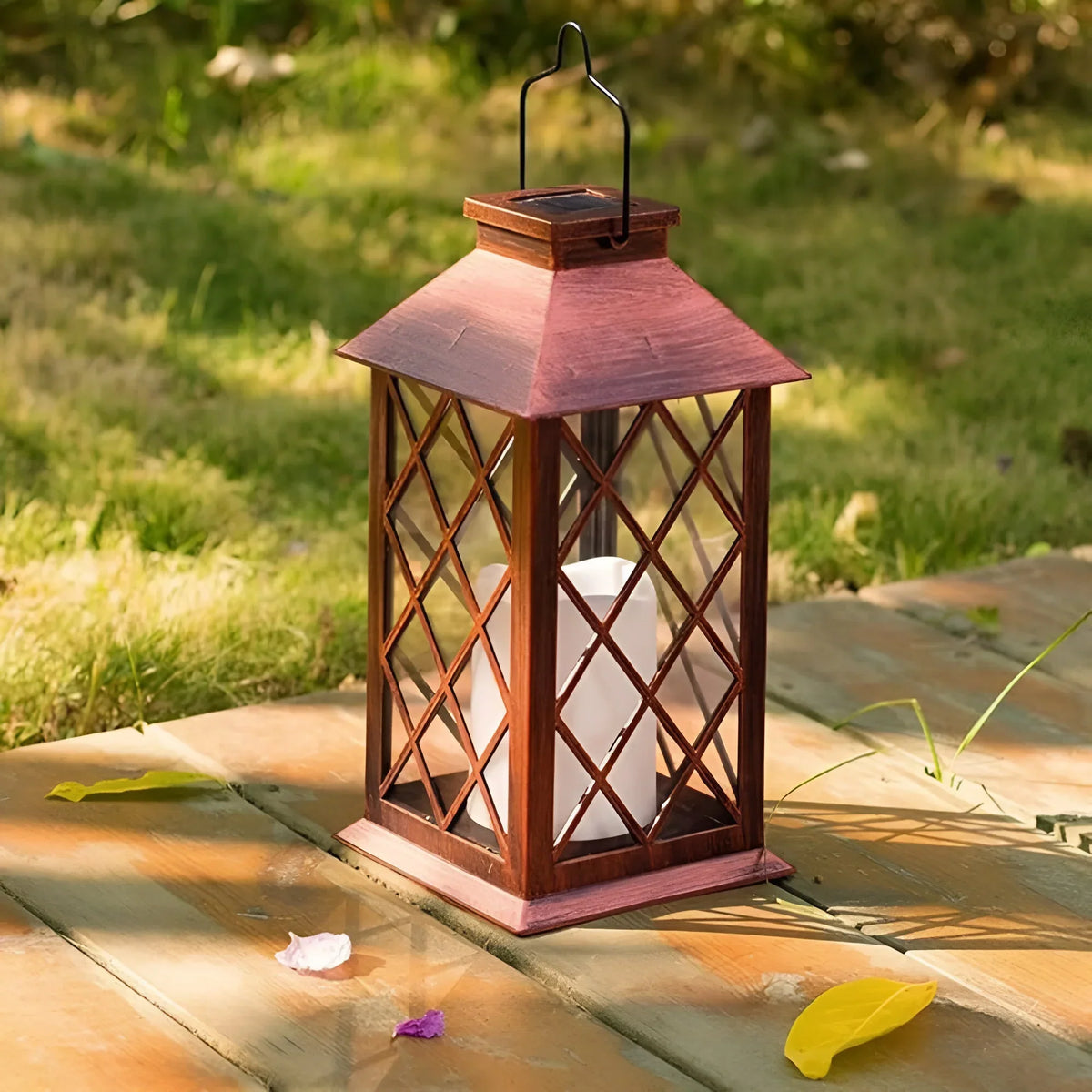 Garden Lantern Solar Powered Vintage Iron & Glass Automatic Dusk Lighting