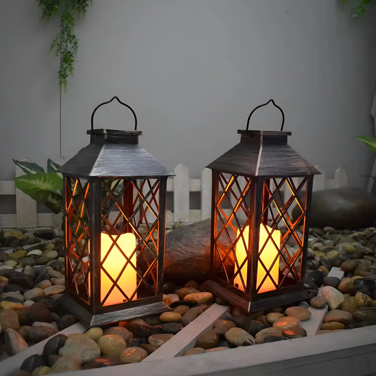 Garden Lantern Solar Powered Vintage Iron & Glass Automatic Dusk Lighting