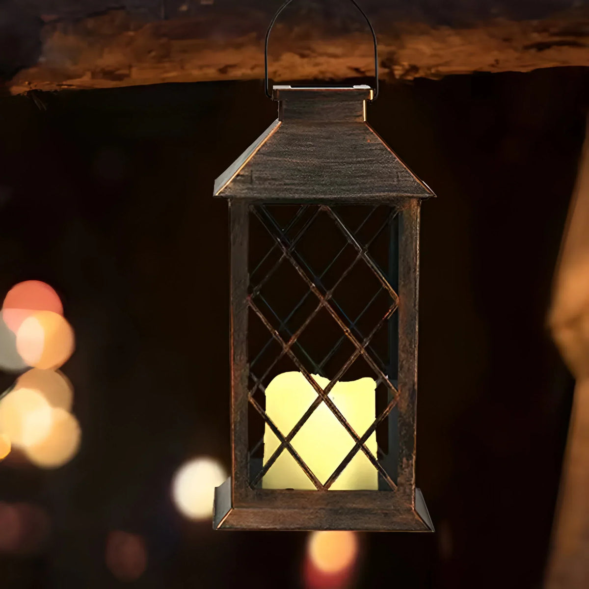 Garden Lantern Solar Powered Vintage Iron & Glass Automatic Dusk Lighting