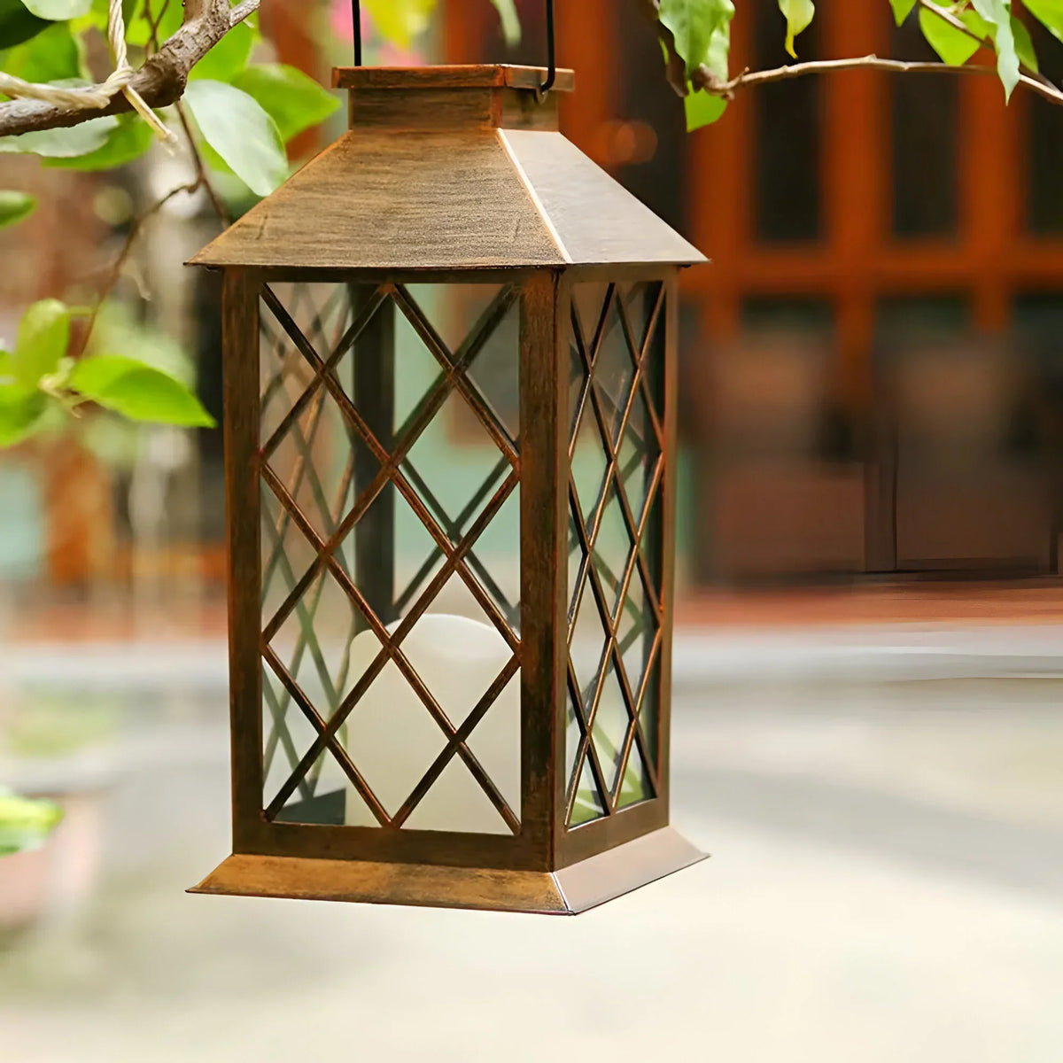 Garden Lantern Solar Powered Vintage Iron & Glass Automatic Dusk Lighting