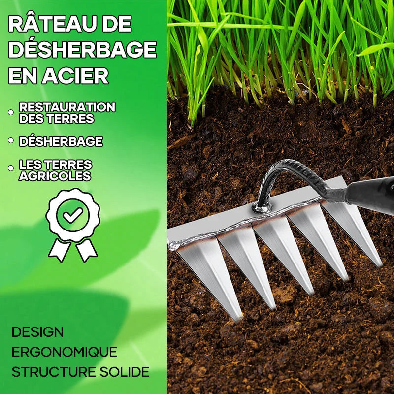Garden Rake Steel Pointed Tines for Weeding and Soil Loosening