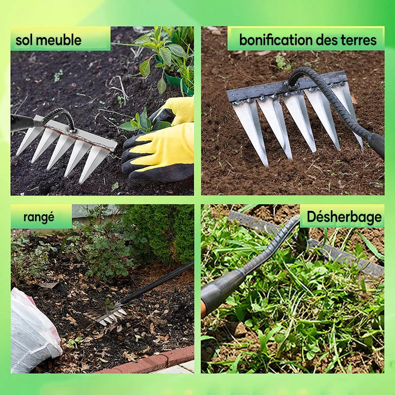 Garden Rake Steel Pointed Tines for Weeding and Soil Loosening