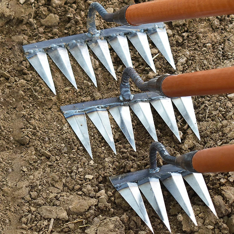 Garden Rake Steel Pointed Tines for Weeding and Soil Loosening