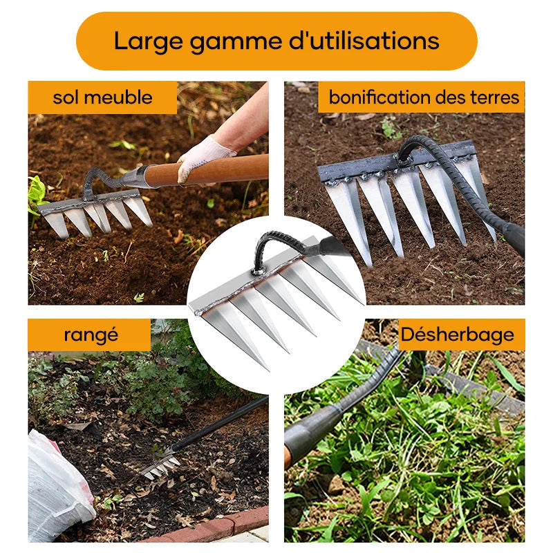 Garden Rake Steel Pointed Tines for Weeding and Soil Loosening