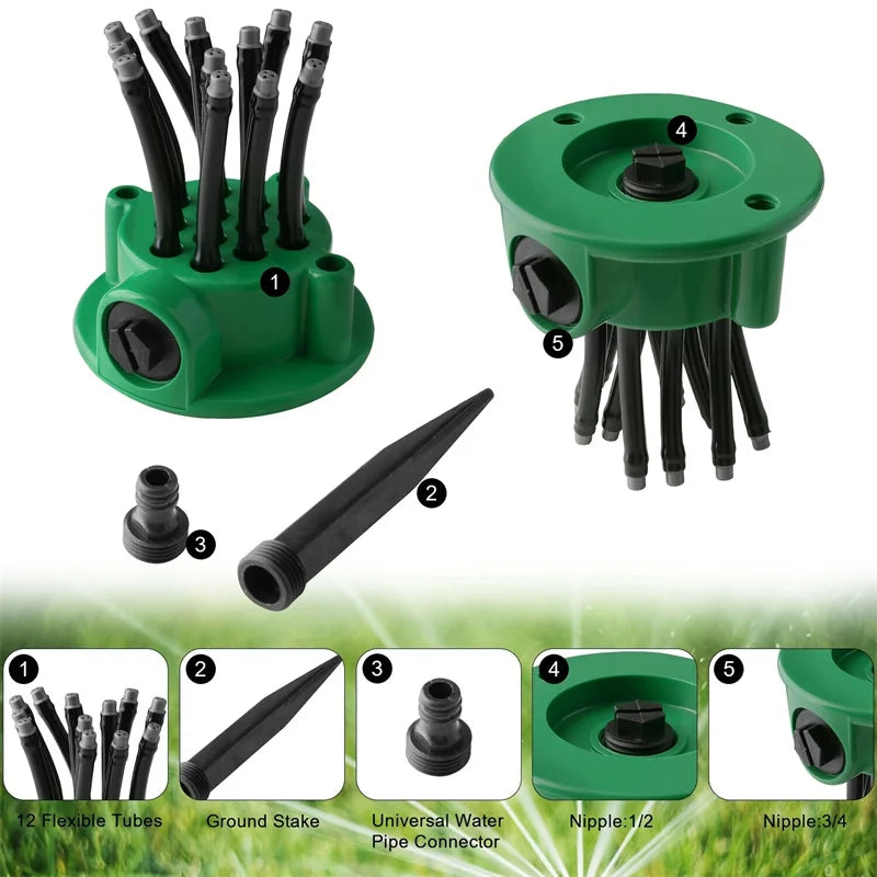 Garden Sprinkler 360° Rotating 12 Adjustable Tubes