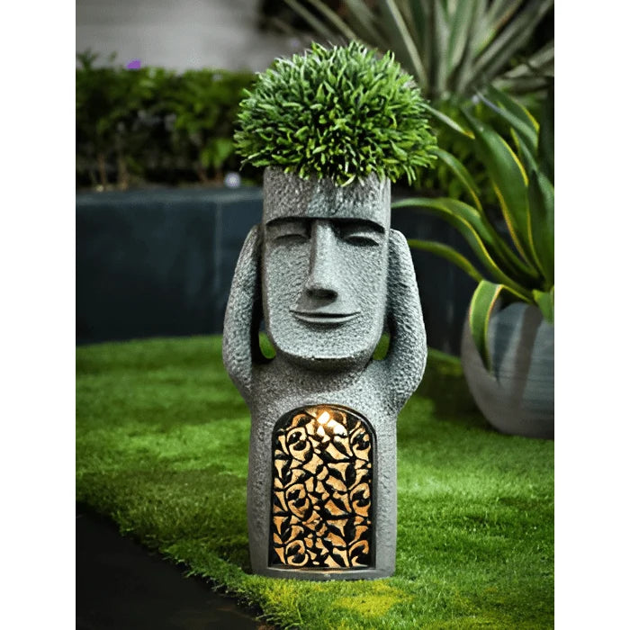 Garden Statue Solar-Powered Moai Weather-Resistant Resin