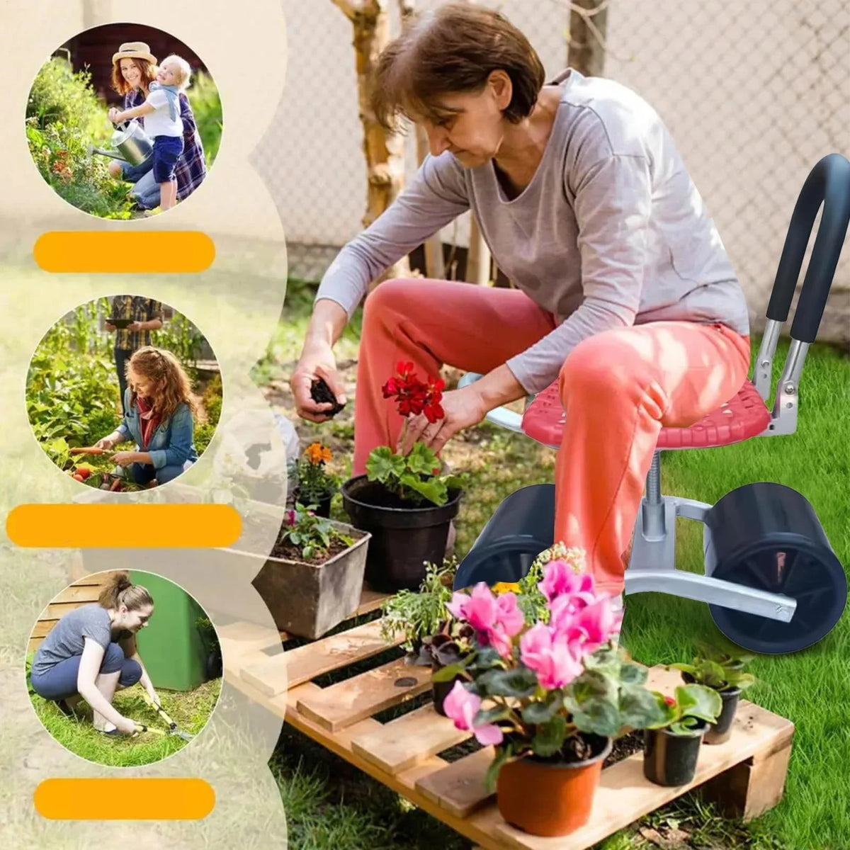 Garden Stool Adjustable Height 360 Degree Swivel Rolling Wheels