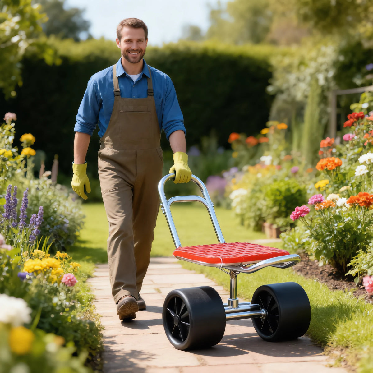 Garden Stool Adjustable Height 360 Degree Swivel Rolling Wheels