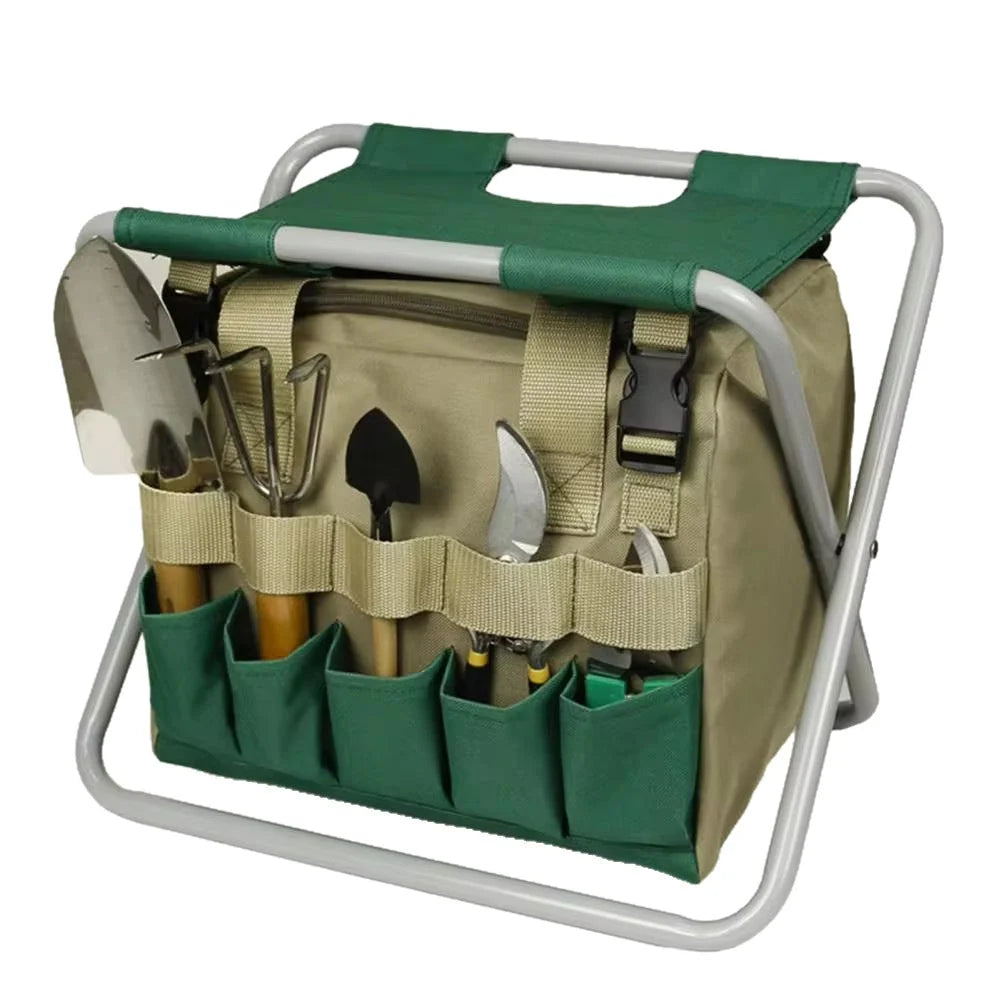 Garden Stool Foldable With Removable Tool Bag Multiple Pockets