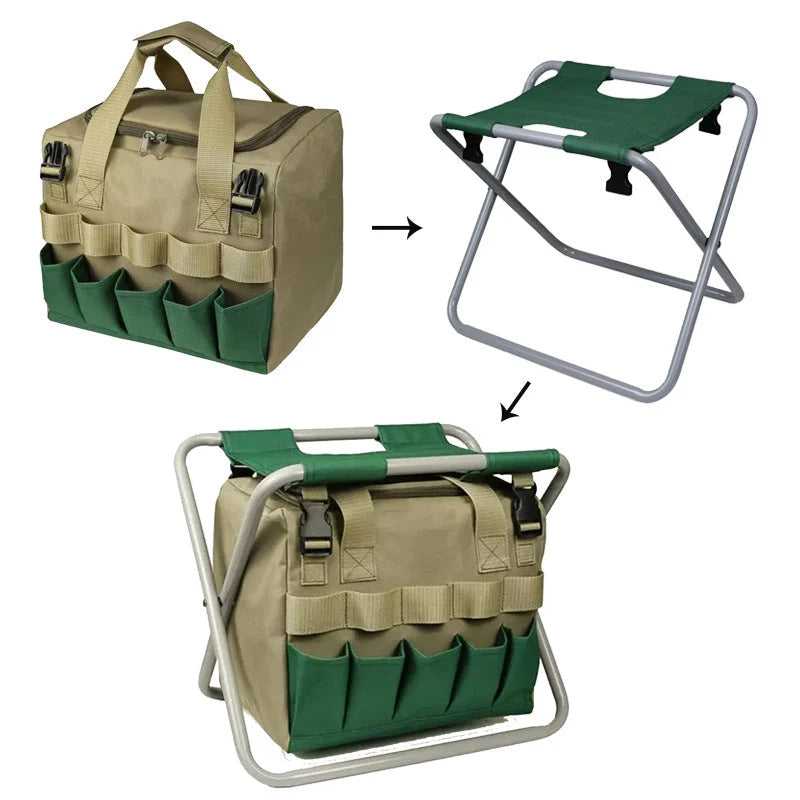 Garden Stool Foldable With Removable Tool Bag Multiple Pockets