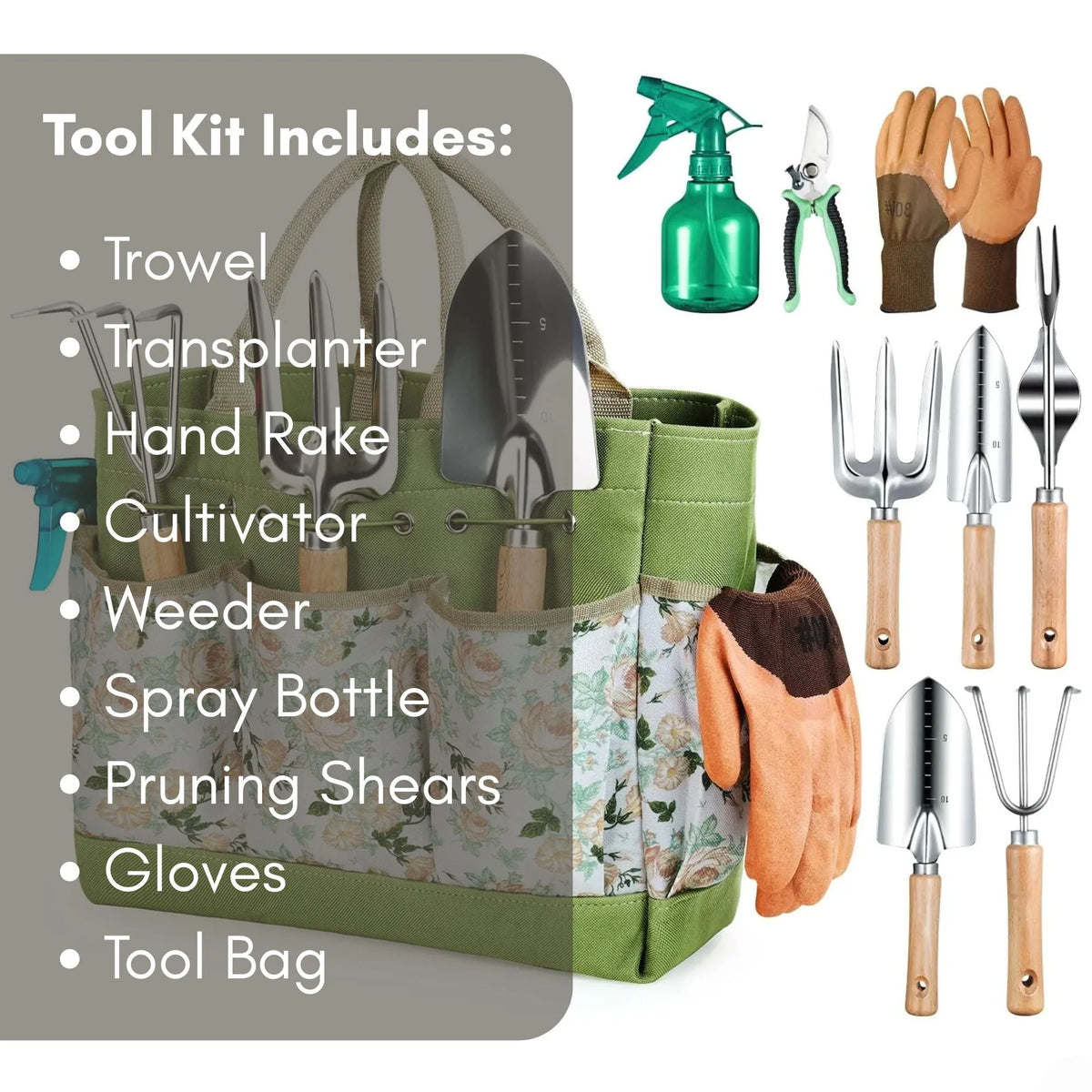 Garden Tool Set 9-Piece Stainless Steel Heads