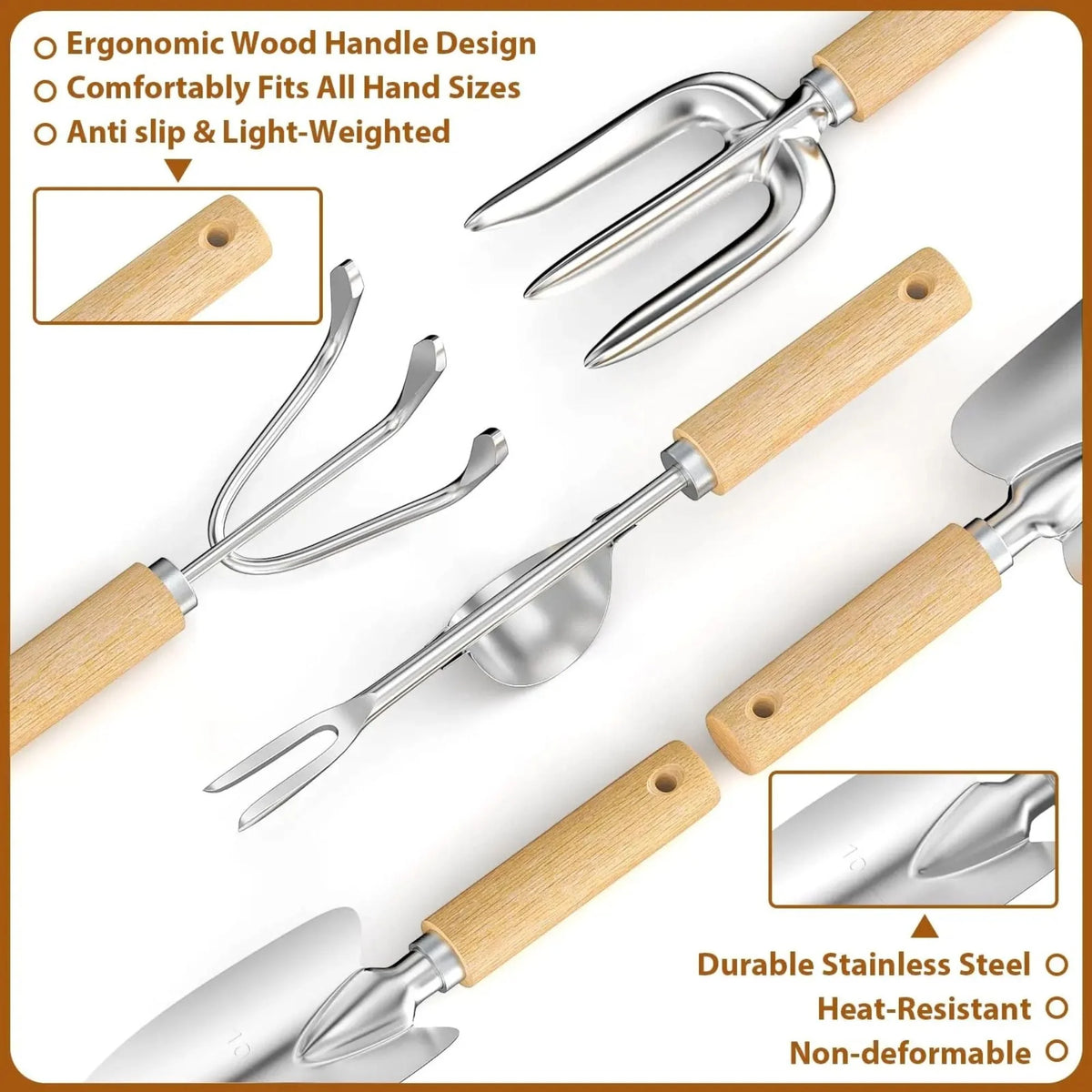 Garden Tool Set 9-Piece Stainless Steel Wooden Handles